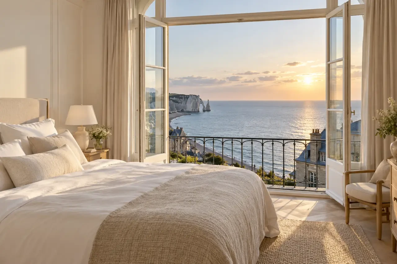 Hôtel de charme Normandie vue mer depuis une chambre avec balcon