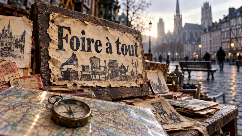 Foire à tout à Rouen ce week end : panneau de brocante et affiches, lieux à vérifier