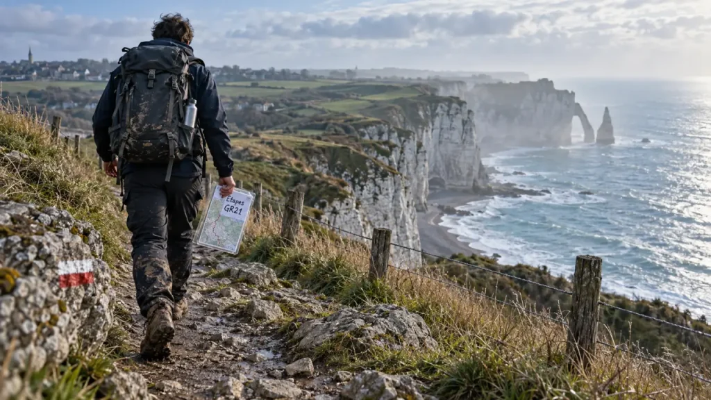 gr21 etretat : randonneur sur sentier vers les falaises d’Étretat